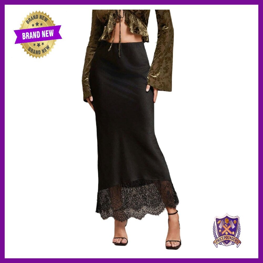 Satin Lace Maxi Skirt High Waist A-Line Embroidered Streetwear